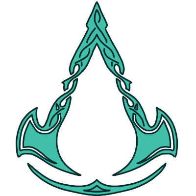 the Assassin's Creed: Valhalla logo, colored light teal. it looks like a capital letter Aleph with an arc underneath it, stylised to look like Norse carving.